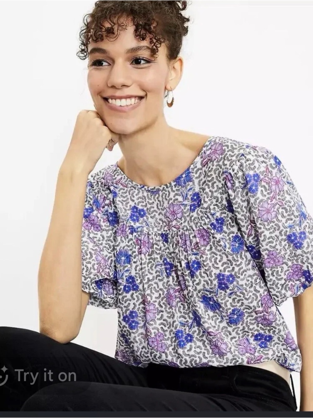 LOFT Purple Floral Print Shirred
yoke Top Puff Sleeve Lightweight size xsp
